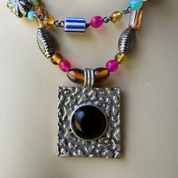 VTG Pendant Necklace 17" Beaded Art Glass Multicolor Double Strand Adjustable - Picture 2 of 8